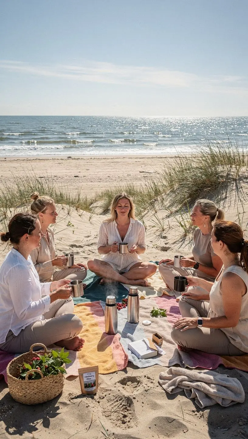 Šiltas puodelis aviečių lapų arbatos su žolelių ingredientais, skatinančiais gerą savijautą.
