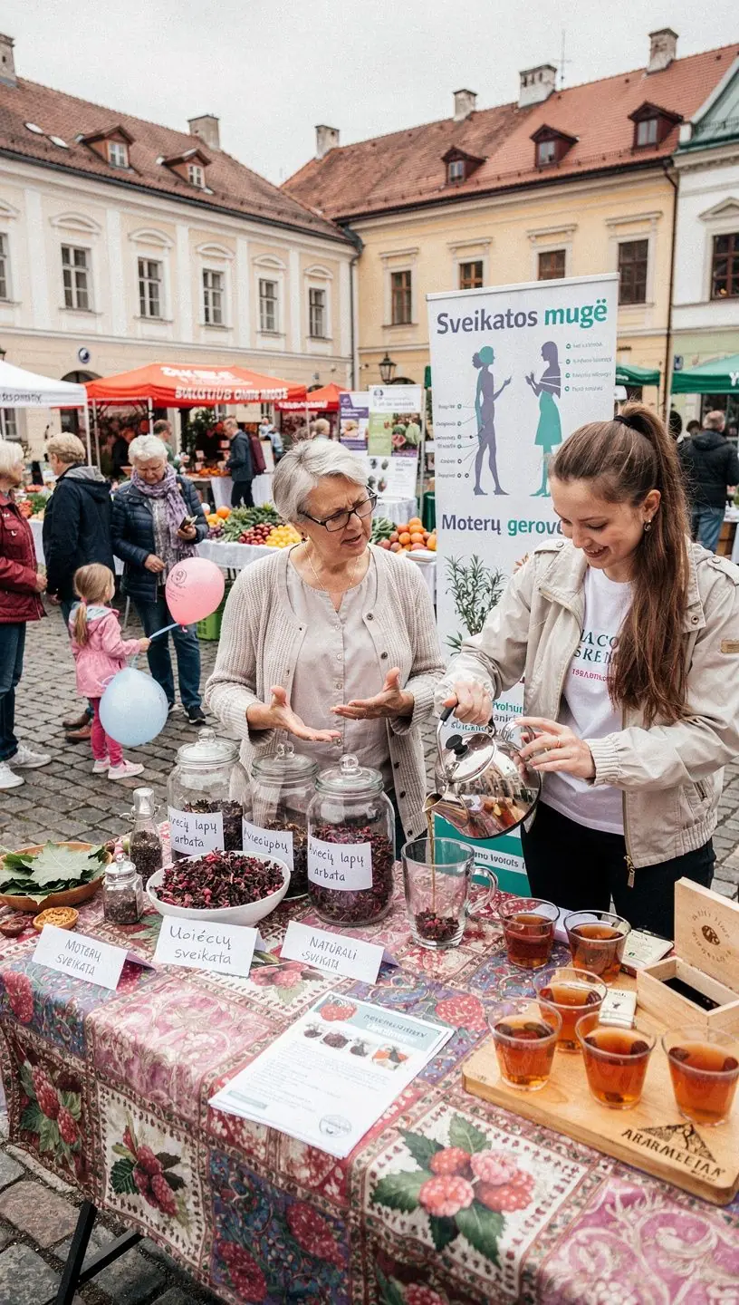 Moteris, mėgaujanti aviečių lapų arbata gamtoje.