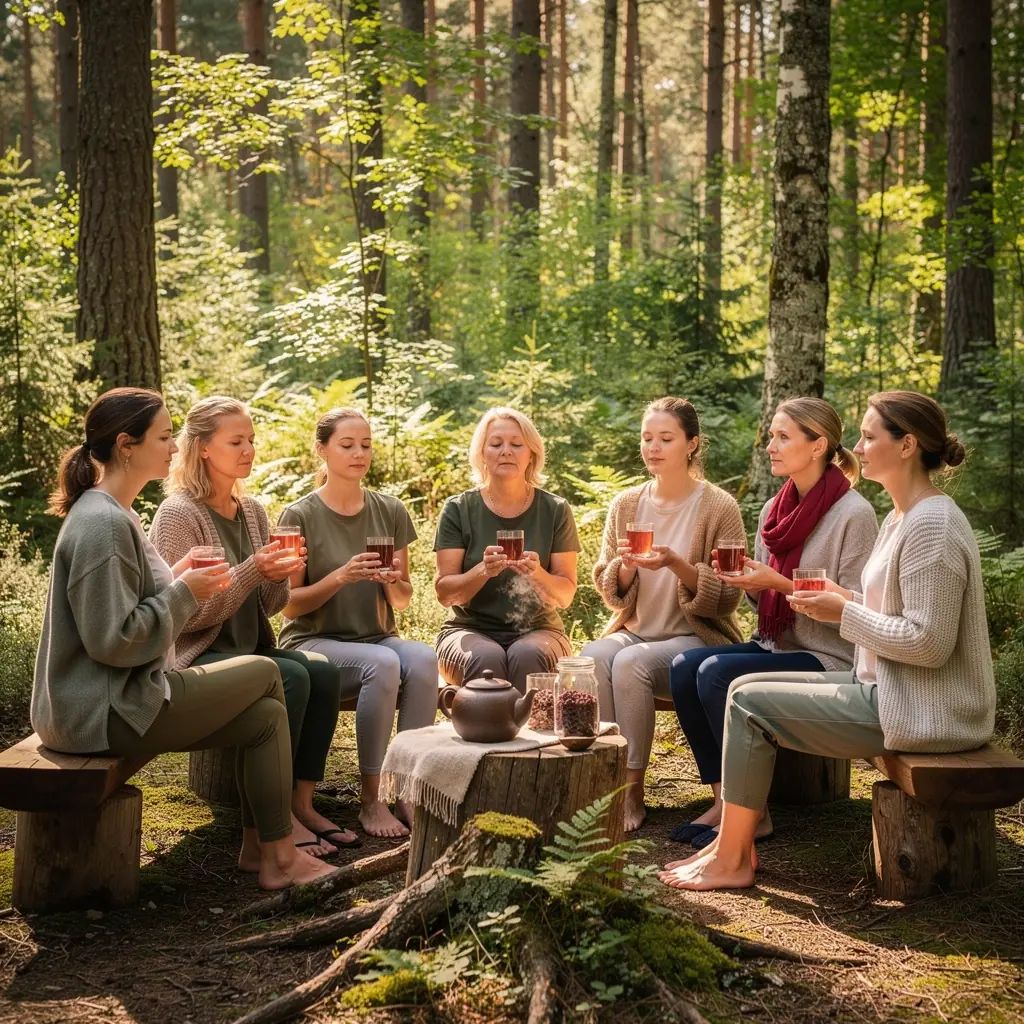 Aviečių lapų arbatos puodelis ant medinio stalo.