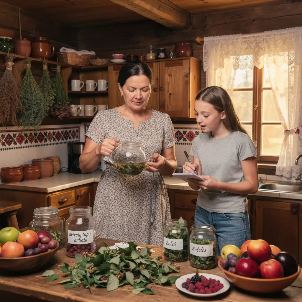 Aviečių lapai ir širdies sveikatai skirti žolelių ingredientai, išdėstyti ant stalo.